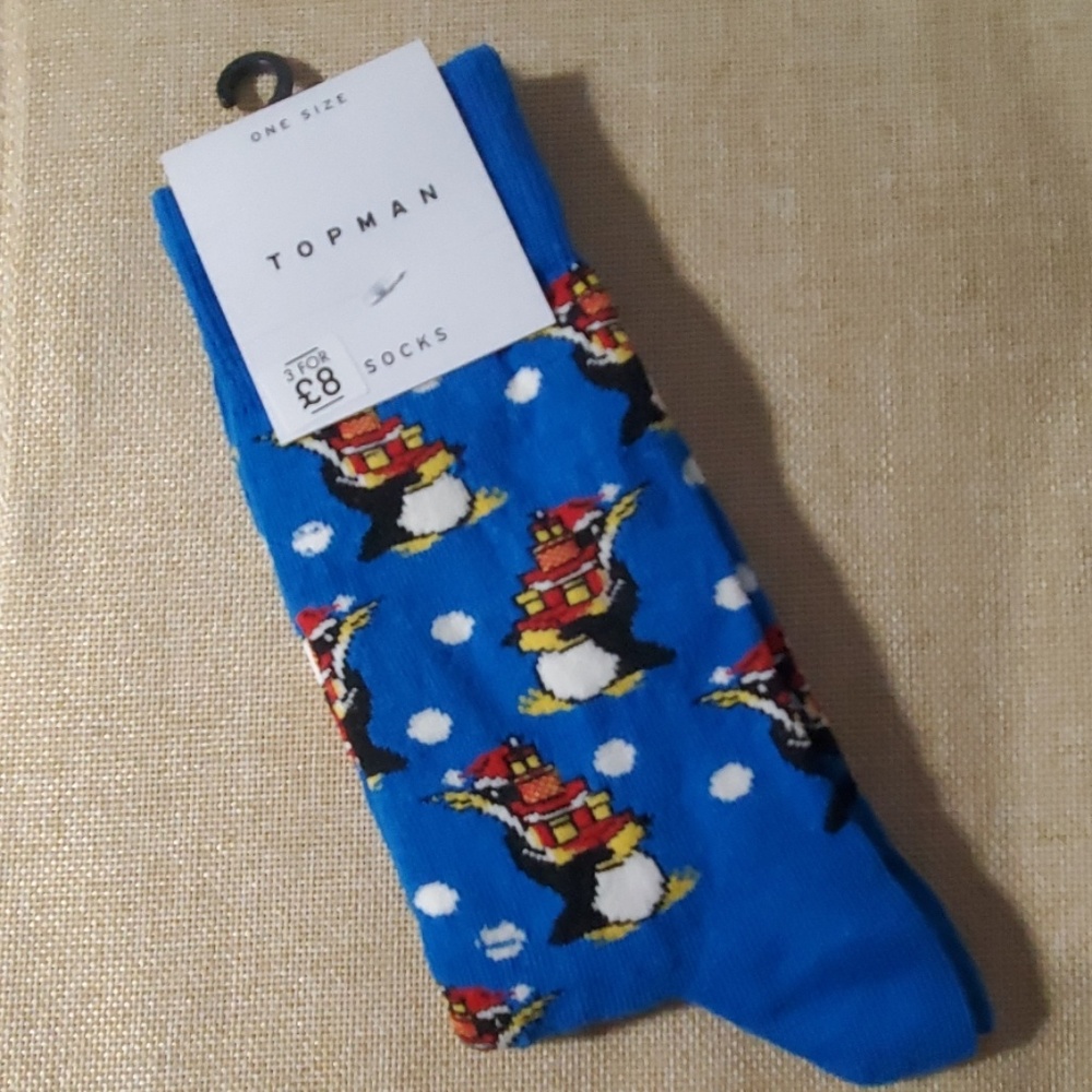 Topman Blue Penguin and Presents Socks